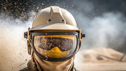 Aufkleber - Closeup of a safety helmet with a visor reflecting the action of sandblasting in the background