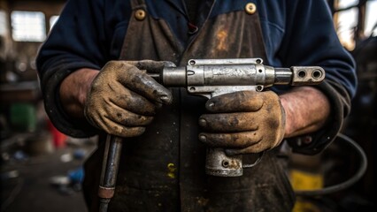 Aufkleber - Closeup of a shipyard workers dirty hands holding a metal rivet gun with the ambient sounds of the shipyard just out of focus behind them.