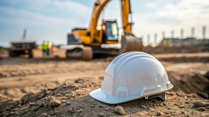 Poster - Closeup of a safety helmet resting on the ground with the excavator in the background emphasizing the importance of safety measures on the busy construction site.