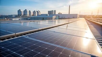 Aufkleber - Closeup of a solar panel array situated on the roof of a large factory building glistening under the midday sun and reflecting the surrounding industrial landscape.
