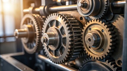 Aufkleber - Closeup of Automated Components Intricate gears and pistons of the textile machine glisten in the light showcasing the level of technology and engineering involved in its design.