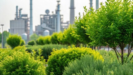 Poster - Closeup of a vibrant green buffer zone that contrasts with the industrial structures nearby featuring trees and shrubs that provide an ecological balance within the park.
