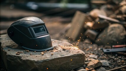 Aufkleber - Closeup of a welding helmet resting on a nearby rock with tiny debris and sparks from recent work tered around highlighting the aftermath of a meticulous welding task.