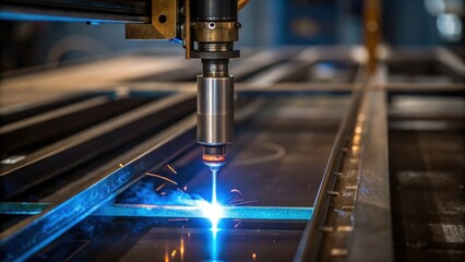 Aufkleber - Closeup of a welding torch ignited with a bright blue flame reflecting in the nearby machinery symbolizing the energy and focus of the assembly process.