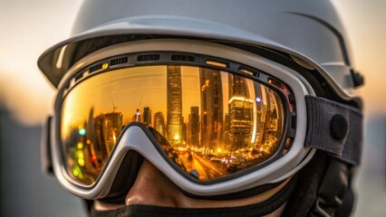 Poster - Closeup of a workers goggles reflecting the golden skyline merging personal safety equipment with a view of the bustling urban environment.