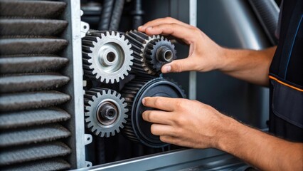 Aufkleber - Closeup of a workers hands adjusting mechanical components of an air scrubber demonstrating the precision required to maintain optimal performance.