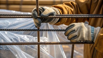 Poster - Closeup of a workers gloves pulling heavyduty wires to secure plastic sheeting over the frame emphasizing the ruggedness of construction materials.