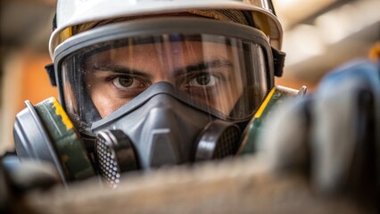 Aufkleber - Closeup of a workers face partially obscured by a safety mask reflecting determination as they prepare to service the air scrubbers internal components.