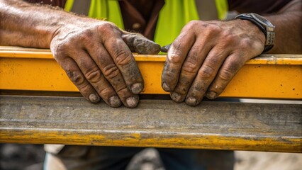 Poster - Closeup of a workers hands adjusting a support beam revealing calloused fingers and dirt under the nails highlighting the laborintensive nature of construction.