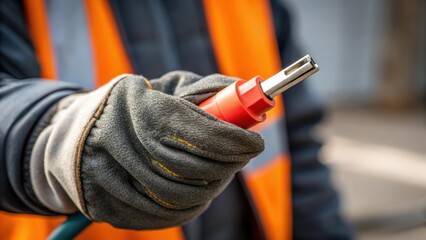 Aufkleber - Closeup of a workers gloved hand holding an insulated connector highlighting the texture of the materials and the importance of safety in the installation.