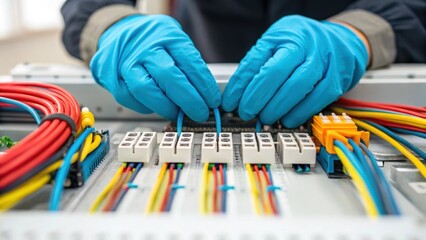 Poster - Closeup of a workers gloved hands assembling intricate electrical components with colorful wires and circuit boards laid out on a clean workstation.