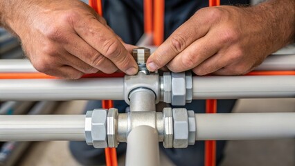 Aufkleber - Closeup of a workers hands tightening a joint connector on a newly laid conduit showcasing the intricate details of the mechanics involved in assembly.