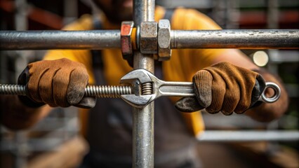 Aufkleber - Closeup of a workers hands tightening a bolt with a wrench showcasing the intricate details of the hardware used in scaffolding assembly.