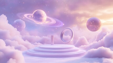 Wall Mural - dreamlike pastel planets, clouds, and a platform in space.