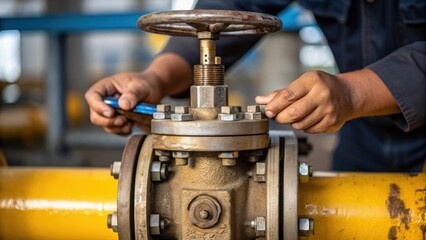 Aufkleber - Closeup of a wornout seal being rep on a valve with the technicians hands skillfully manipulating the parts signifying the ongoing need for upkeep in chemical processing.