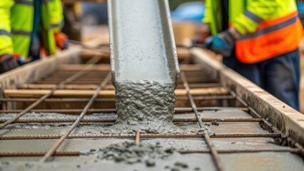 Aufkleber - Closeup of concrete being poured into a formwork with focused attention on the fluid texture and teamwork between workers emphasizing the foundational aspects of treatment plant