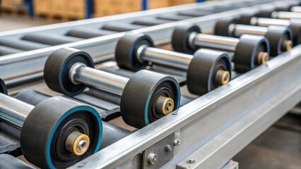 Aufkleber - Closeup of conveyor rollers being installed revealing the intricate engineering and robust materials used to ensure smooth operation.