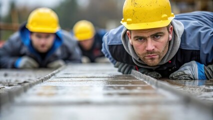 Aufkleber - Closeup of construction workers laying down reinforced concrete foundations capturing the texture of the concrete and the focused expressions of the team.