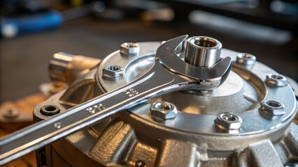 Poster - Closeup of a wrench tightening the bolts on a disassembled pump casing with a focus on the shiny metallic surface and reflections of industrial lighting.
