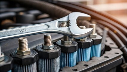 Poster - Closeup of a wrench tightening bolts on the air filtration system highlighting detailed mechanical work and craftsmanship in the installation process.