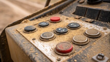 Poster - Closeup of control buttons on a drilling console covered with mineral deposits illustrating the environmental impact and the importance of regular cleaning.