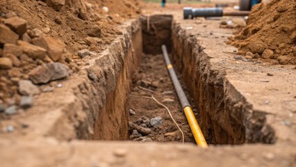Poster - Closeup of dirt and debris on the edges of a fresh conduit trench where workers have recently cleared an area to install underground cable conduits.