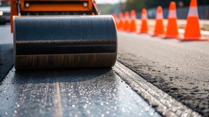 Aufkleber - Closeup of freshly poured asphalt being smoothed out by a roller showcasing the glistening black surface against the backdrop of orange traffic barriers.