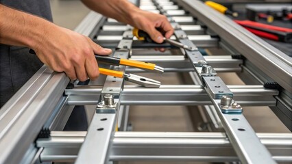 Poster - Closeup of hands using tools to secure metal framework of a conveyor system highlighting precision and craftsmanship in assembly.