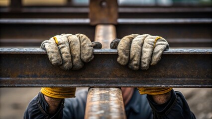 Poster - Closeup of hands gripping heavy steel beams with gloves slightly dusty illustrating the physical effort required in the assembly of the bridge components.