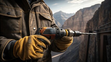 Poster - Closeup of heavyduty gloves gripping a power drill the rugged texture of the workers jacket visible as they secure a structural component against the backdrop of steep rocky