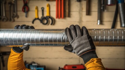 Poster - Closeup of heatresistant gloves gripping a long piece of ductwork as its maneuvered into place with the backdrop exhibiting tools and safety equipment hanging on the wall.