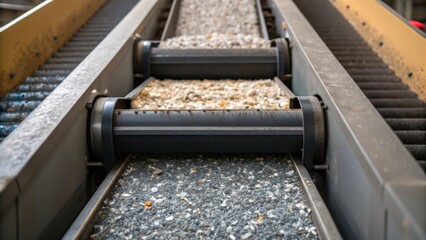 Aufkleber - Closeup of heavyduty conveyor belts feeding materials into an industrial shredder highlighting the textured surfaces of various materials prepared for shredding.