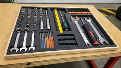 Aufkleber - Closeup of hand tools tered on a workbench including wrenches and soundproofing adhesive providing insight into the assembly process.