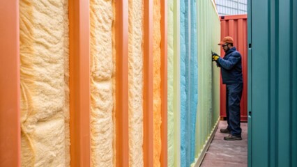 Poster - Closeup of insulation material being installed carefully into the walls of a container with different textures and colors of materials contrasting vividly.