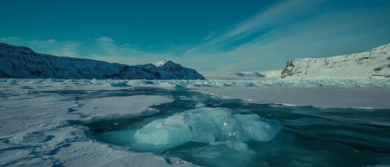 Poster - Frozen patterns on ice reveal intricate textures in a stark winter landscape under a clear sky