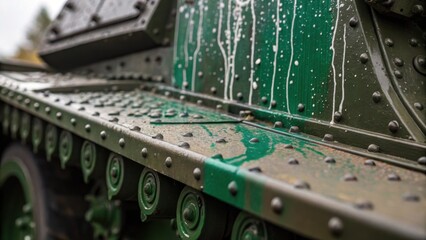 Poster - Closeup of intricate patterns created by paint splatters on a tanks edge with droplets suspended midair and rich green hues contrasting the dull gray metal.