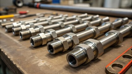 Aufkleber - Closeup of intricate pipe fittings laid out on a workbench highlighting the precision engineering required for highcapacity industrial boiler systems.