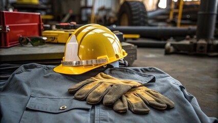 Poster - Closeup of Safety Gear A reflective helmet and protective gloves resting on a folded work shirt with machinery parts and tools tered in the background indicating a busy