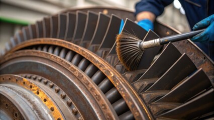 Poster - Closeup of rusted metal components of a turbine with a technician carefully using a brush to remove debris showcasing the detail of wear and tear.