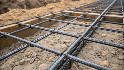Aufkleber - Closeup of reinforced steel foundations being laid on uneven terrain showcasing the ruggedness of the materials used to support the modular structure in remote locations.