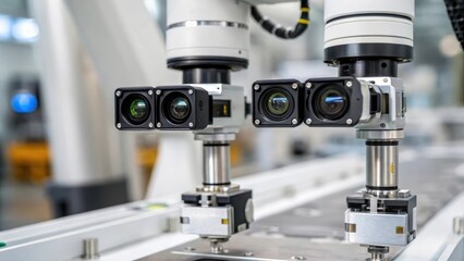Aufkleber - Closeup of sensors and cameras mounted on a robotic arm focused on their role in quality control and precise placement.