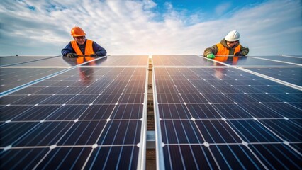 Poster - Closeup of solar panel arrays being mounted on a frame showcasing the shiny dark panels contrasted against the blue sky with workers in safety gear overseeing the installation.
