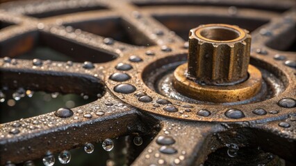 Poster - Closeup of steam condensate s showcasing intricate metalwork with signs of corrosion. Tiny droplets of water gather around the discharge outlet emphasizing potential leaks.