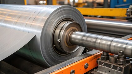 Poster - Closeup of the edge of a steel coil being fed into a processing machine showing details of the machinerys rollers and guide mechanisms.