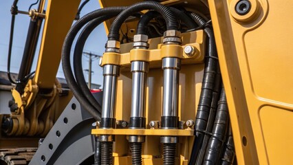 Poster - Closeup of the excavators hydraulics with hoses and pistons glistening in the light emphasizing the complex machinery that powers the digging operations.