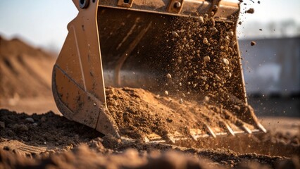 Aufkleber - Closeup of the excavators bucket scooping up soil with debris flying above it capturing the dynamic action and dirt in sharp detail.
