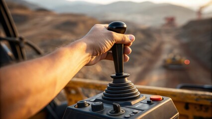Aufkleber - Closeup of the operators hand on the joystick showcasing the precision and skill involved in maneuvering the giant machine through complex terrain.