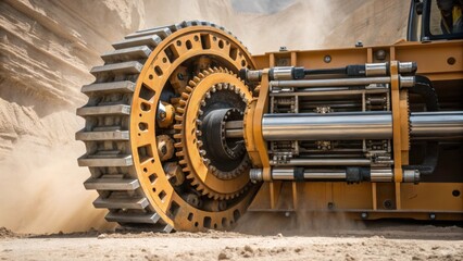 Aufkleber - Closeup of the intricate gears and hydraulic systems of a tunnel boring machine showcasing its robust construction and engineering complexity against a backdrop of dusty
