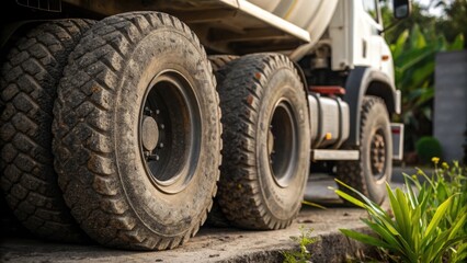 Poster - Closeup of the rugged tires of a concrete mixer truck parked next to a plant illustrating the heavyduty design required for transporting materials.