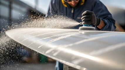 Poster - Closeup of the sanding process on a wind turbine blade showing fine particles flying as a technician smooths out a repaired area for painting.